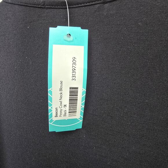 Beacon Apparel Top Womens 1X Stitchfix Blouse Cowl Neck Short Sleeve Black NWT - Picture 7 of 10
